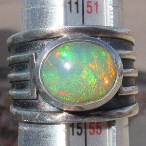 Beautiful Flashy Sterling Silver Large Opal Ring Wide Band Size 7 Fits 6.5-6.75